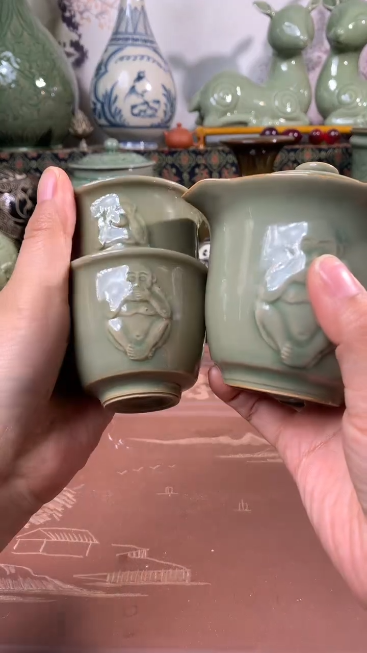 现代耀州窑微瑕二级三省壶1只带两杯