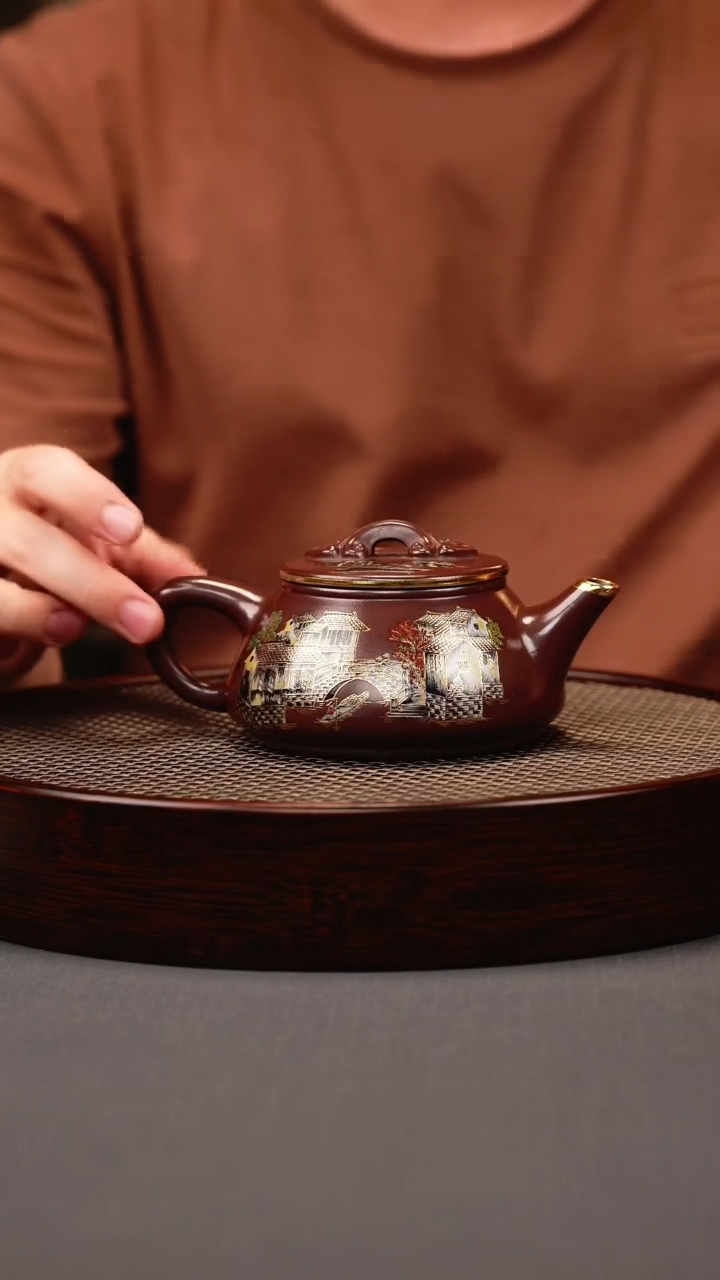 茶壶紫砂石红 剑流石瓢 忆江南珐琅彩