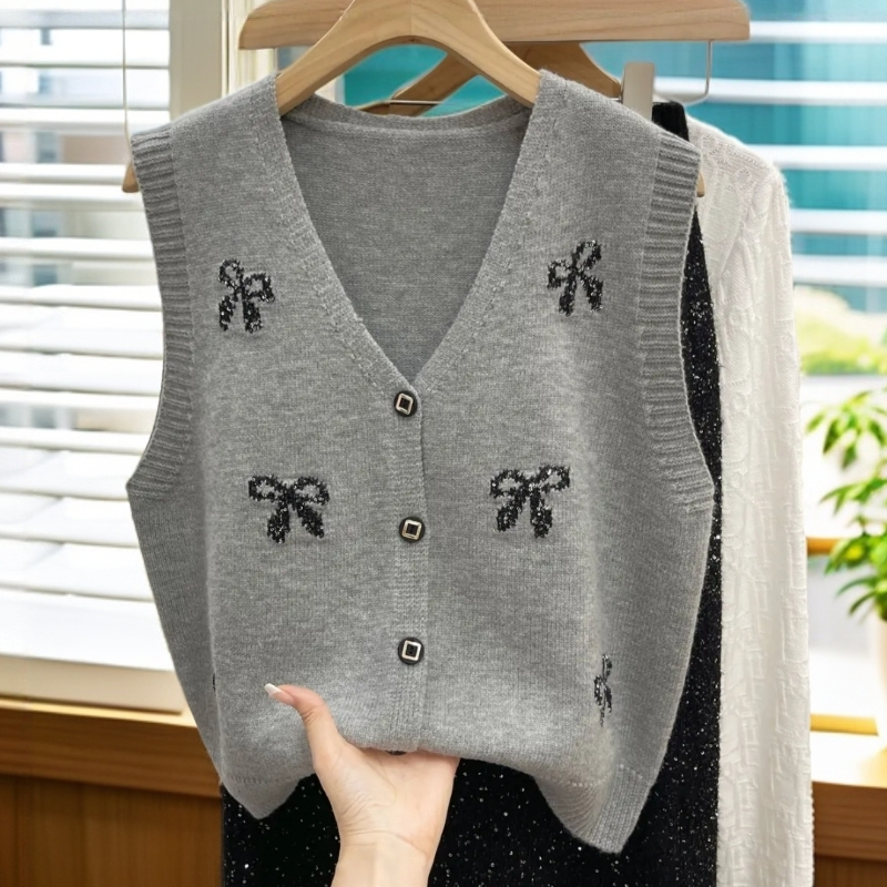 春秋外搭无袖开衫针织嵌花马甲女士时尚气质宽松显瘦网红休闲上衣