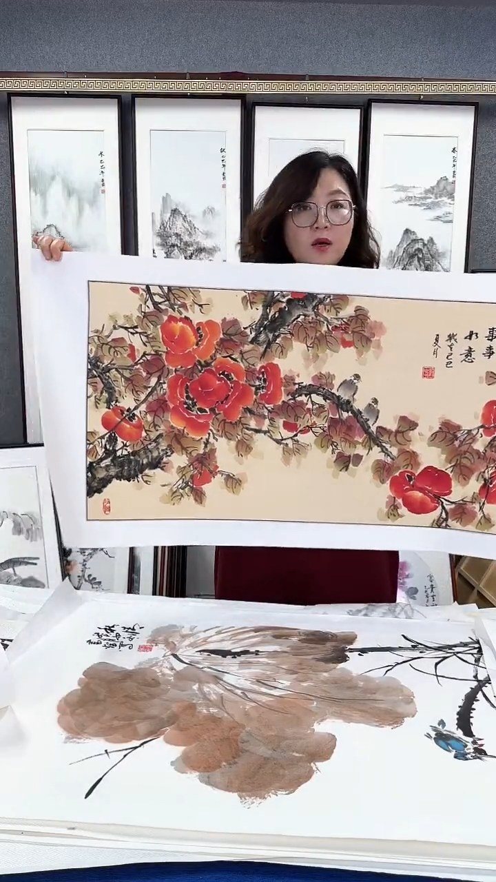 国画实木装裱62*120 柿子