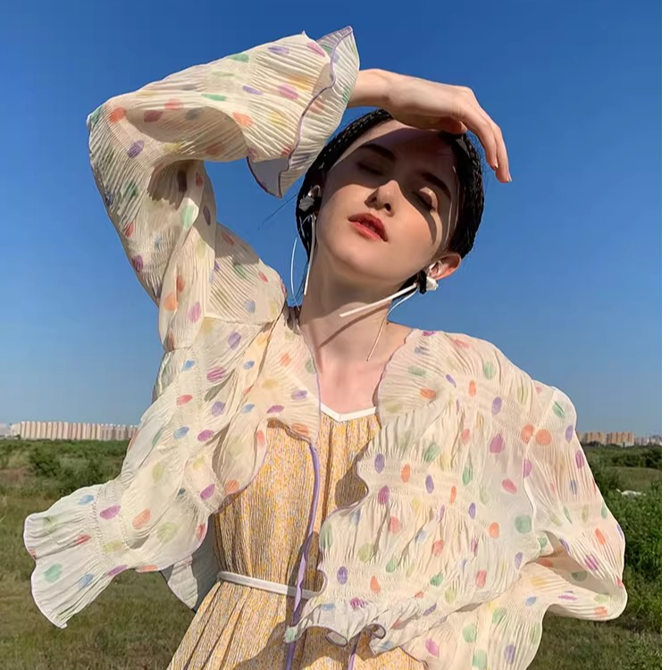 【自播】MOF礼物商店 长袖外穿防晒衫雪纺衬衫女开衫外套波点罩衫