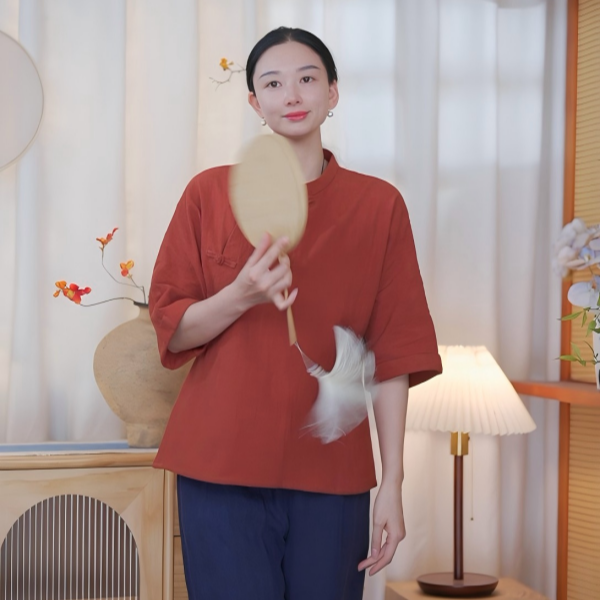 【念秋】夏季纯棉女装新中式拼接盘扣立领上衣衬衫女士复古上衣