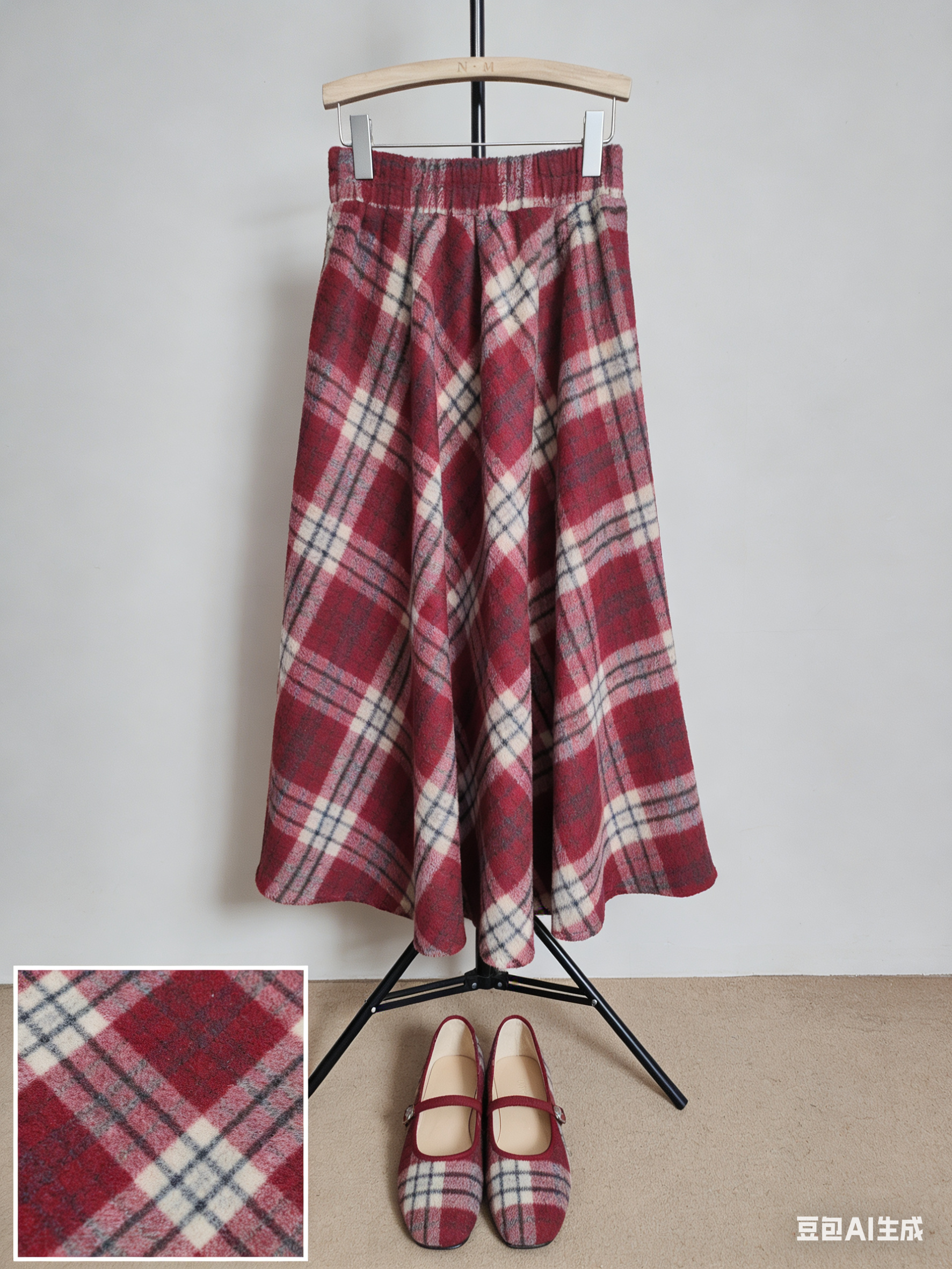 风华珏（红格）加厚冬季双面格子呢料显瘦半身裙