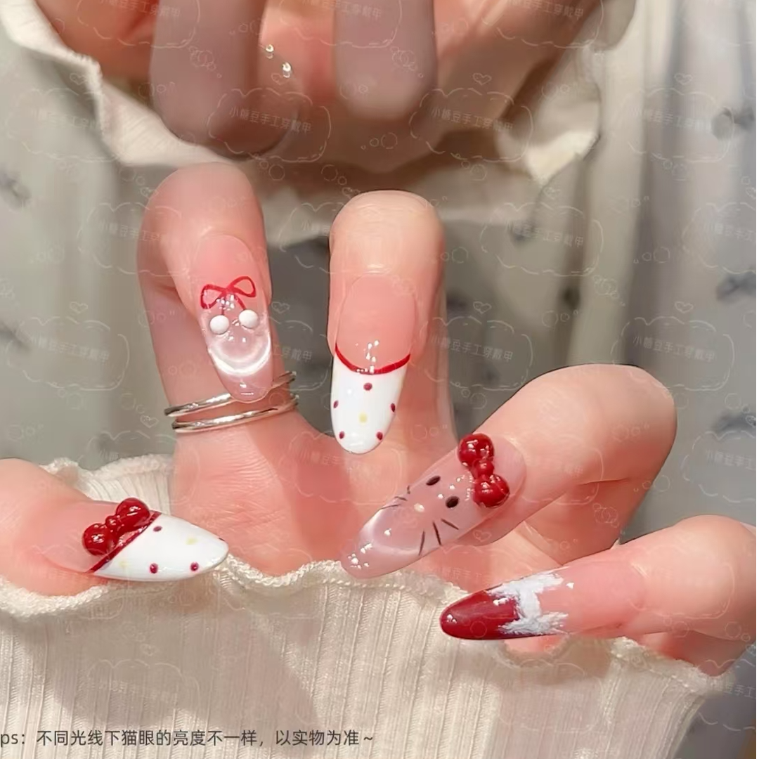 【Kitty少女】手工穿戴甲法式猫眼蝴蝶结设计显白高级可拆卸
