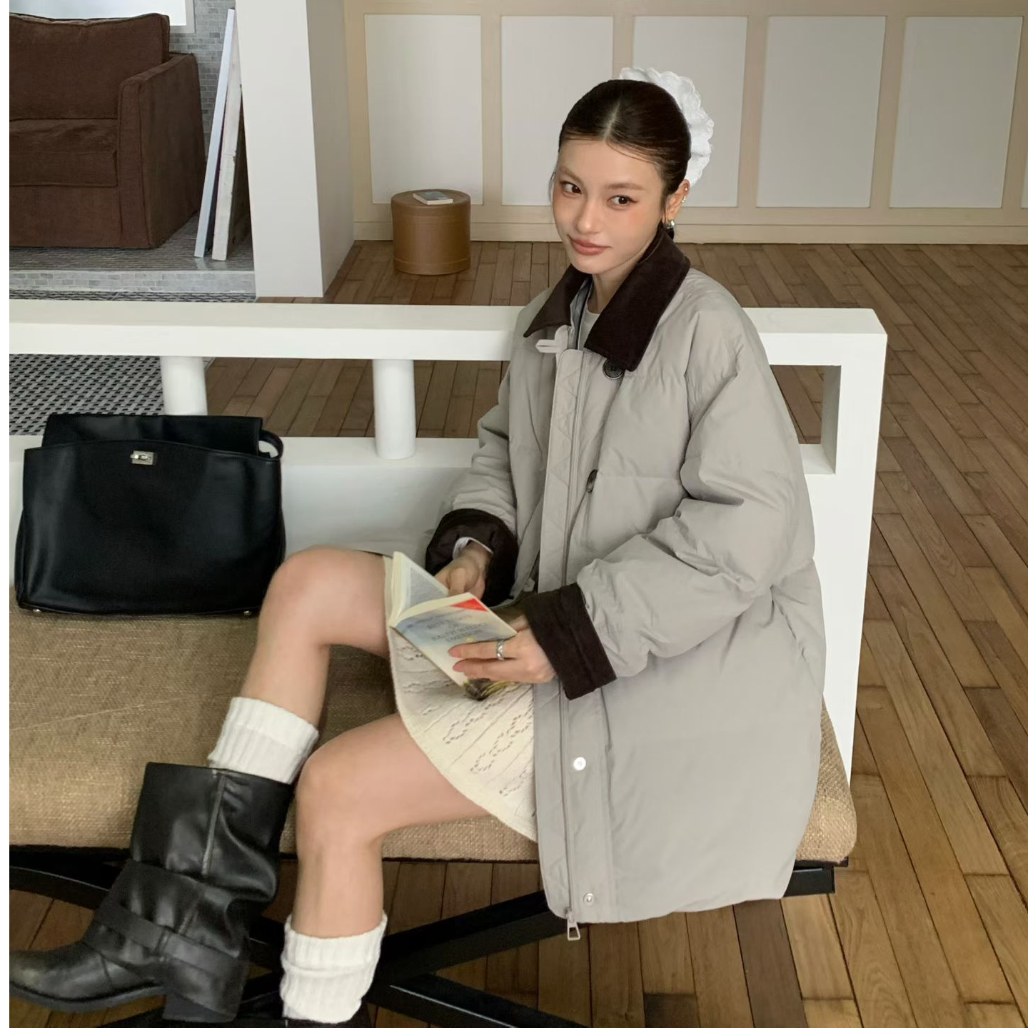 时尚休闲百搭宽松中长款加厚泡芙排骨羽绒服女短款连帽2025冬新款