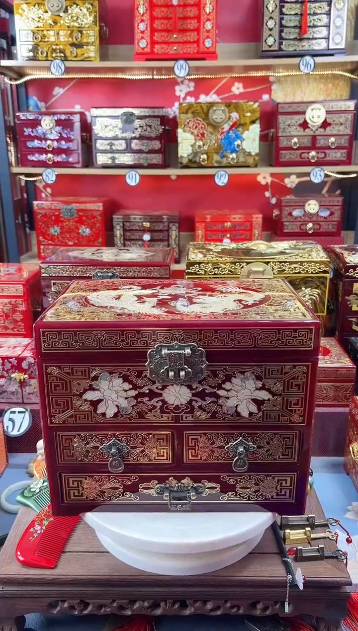 【闪购商品】28厘米四层三抽掐丝螺钿酒红龙凤呈祥