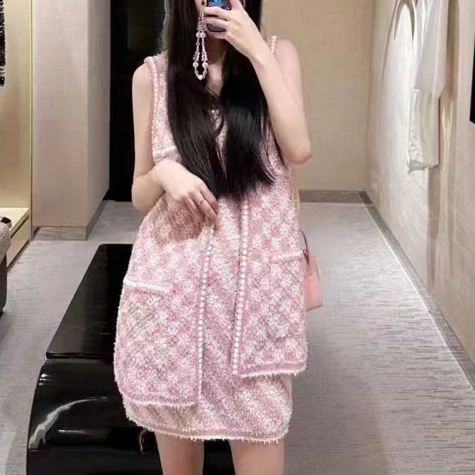 99新 Chanel/香奈儿 34码23S春夏粉白格纹钻扣长款马甲