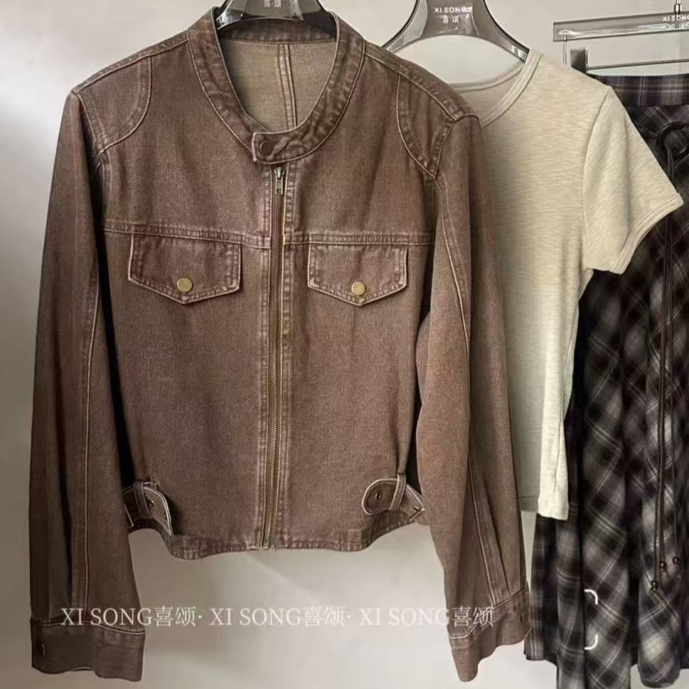 5389号8557#百搭垫肩设计休闲假口袋拉链牛仔外套 B4-34