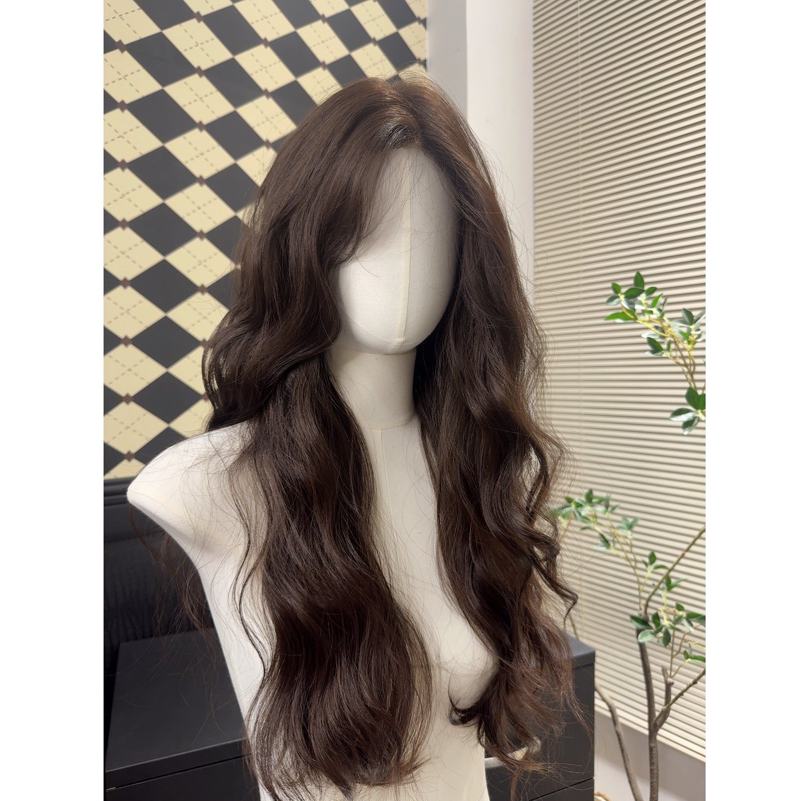 【艾琳】递针手钩仿真大头皮水波纹巧克力色全头套62cm