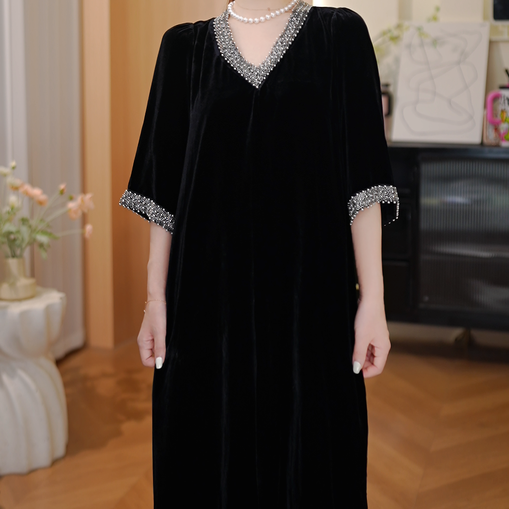 【DuShang】秋季显瘦v领钉珠真丝丝绒桑蚕丝连衣裙TG1469