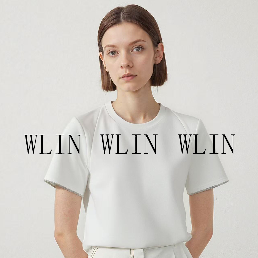 WLIN 袖口编珠莫代尔立体剪裁T恤*LM431