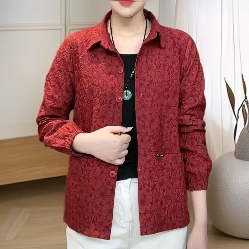 春季翻领提花女短外套休闲上衣时尚妈妈装百搭薄款纽扣衬衫外套