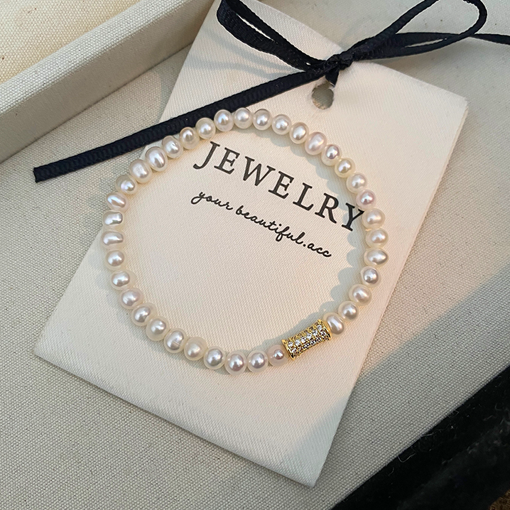 4mm近圆无暇高品质天然淡水珍珠手链女弹力绳百搭复古法式手串