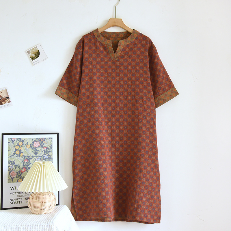 【京会社】纯棉睡衣色织小V半袖裙L码田园小花灰色