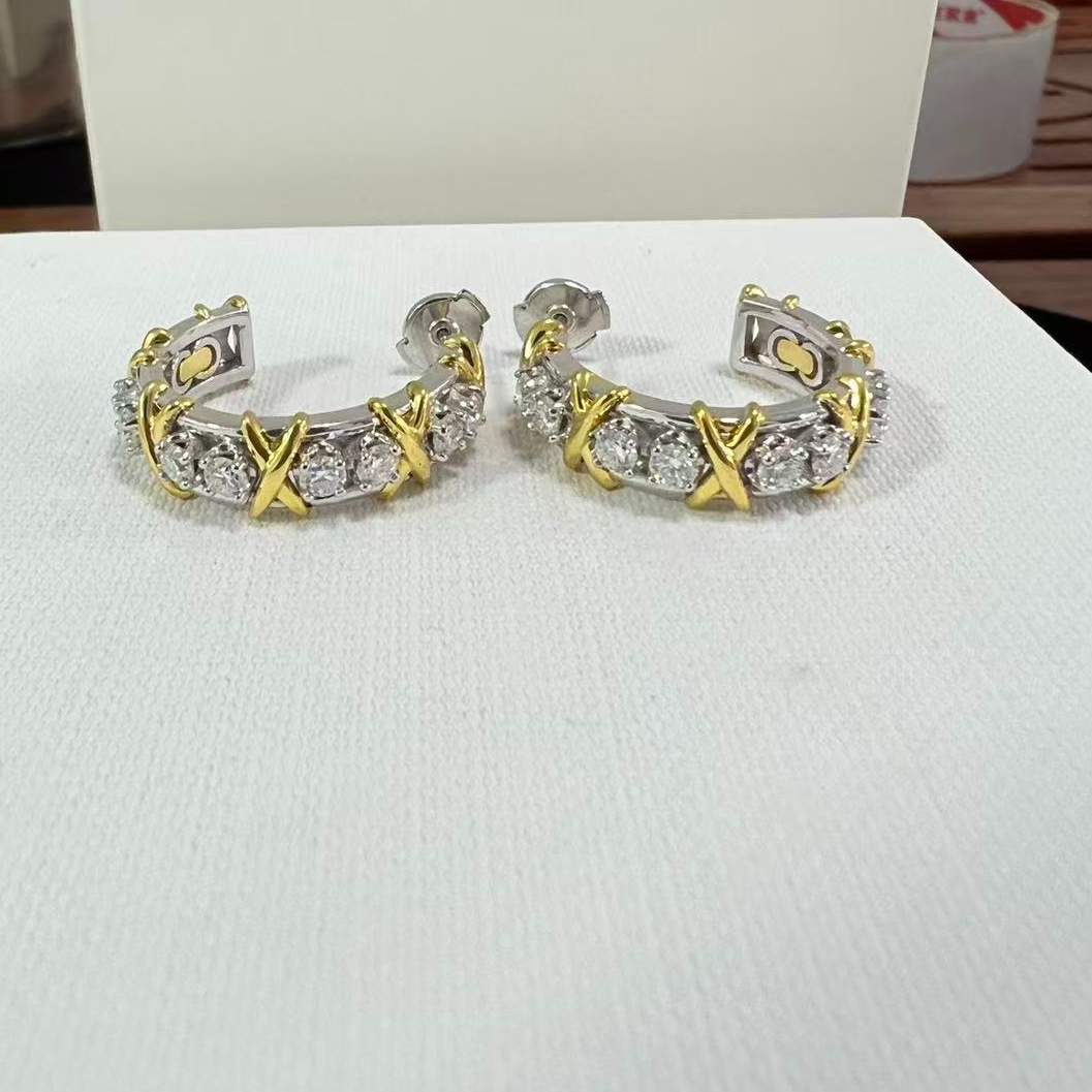 PT950铂金间18K金天然钻交叉耳钉
