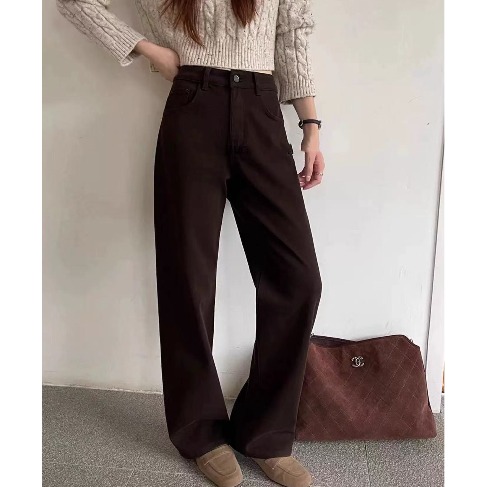 SU【829】代99   愫凤 牛仔裤女秋季新款高腰咖色窄版直筒阔腿裤