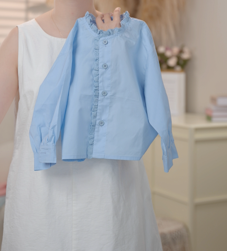 【现货】2025秋季新款女童韩版蓝色花边衬衫09212