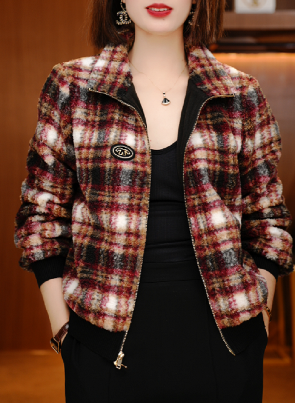 格纹-新款加绒加厚印花气质上衣外套百搭显瘦时尚舒适显气质