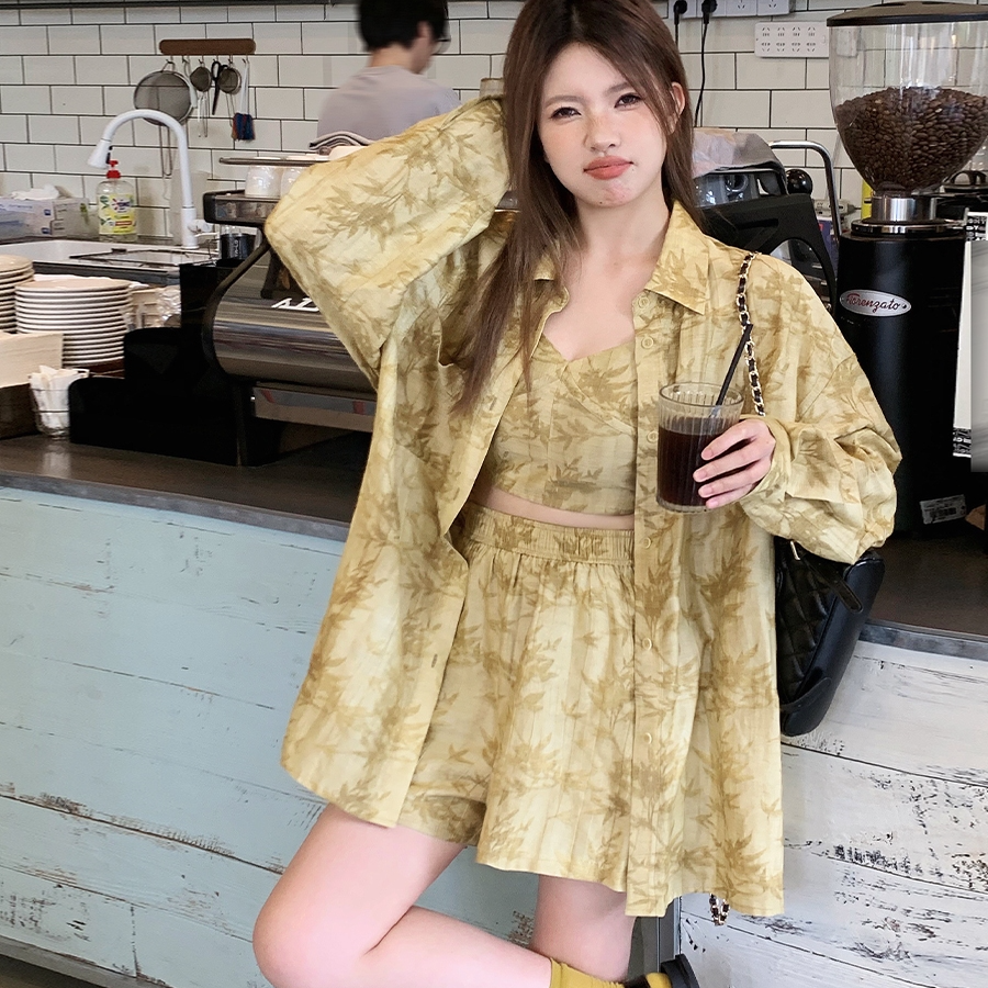 晶咕白标~夏风竹影竹叶图案吊带背心夏季显瘦时尚贴身背心