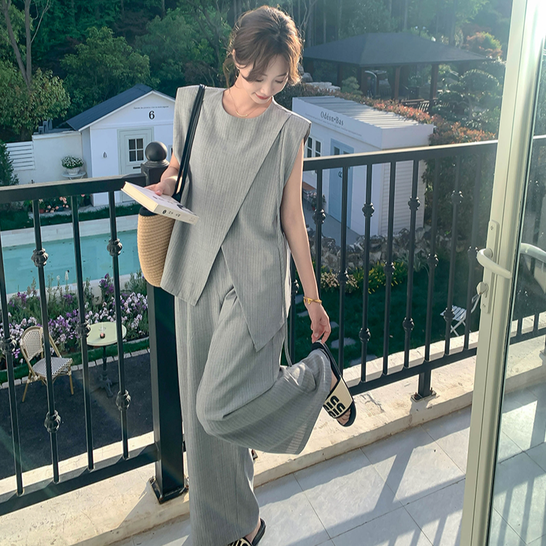 【格雷系】灰色套装韩系高级感精致减龄休闲无袖上衣阔腿裤BD262