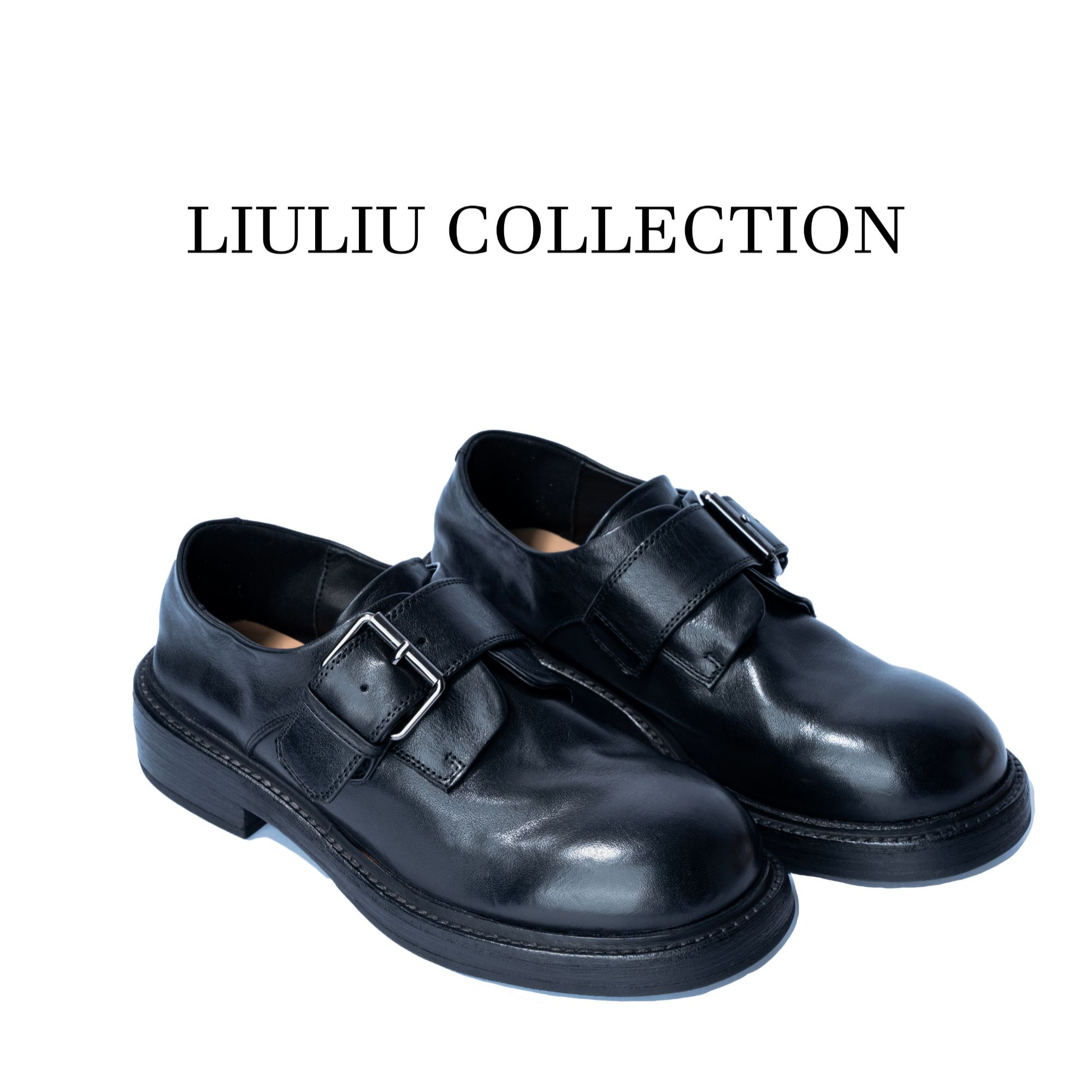 手工水洗牛皮乐福鞋真皮复古一字带大头粗跟小皮鞋 U169