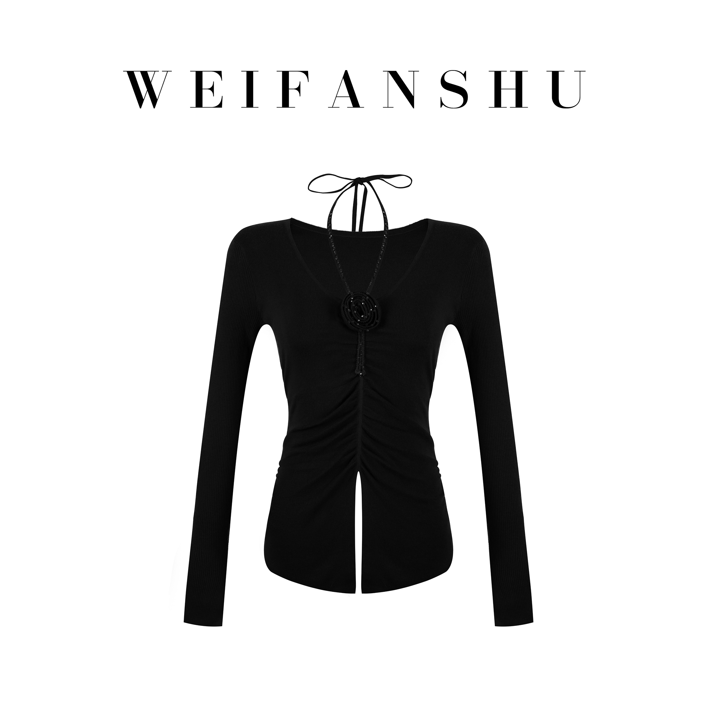 WEIFANSHU/魏凡舒【红茶微甜】秋冬新款纯欲挂脖设计感百搭显瘦上衣