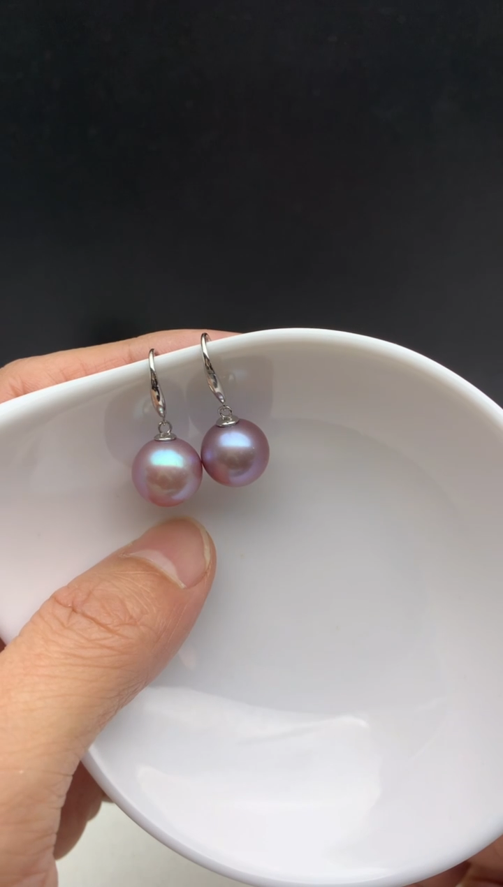 银S925镶嵌ff淡水珍珠紫珠耳饰11~12mm
