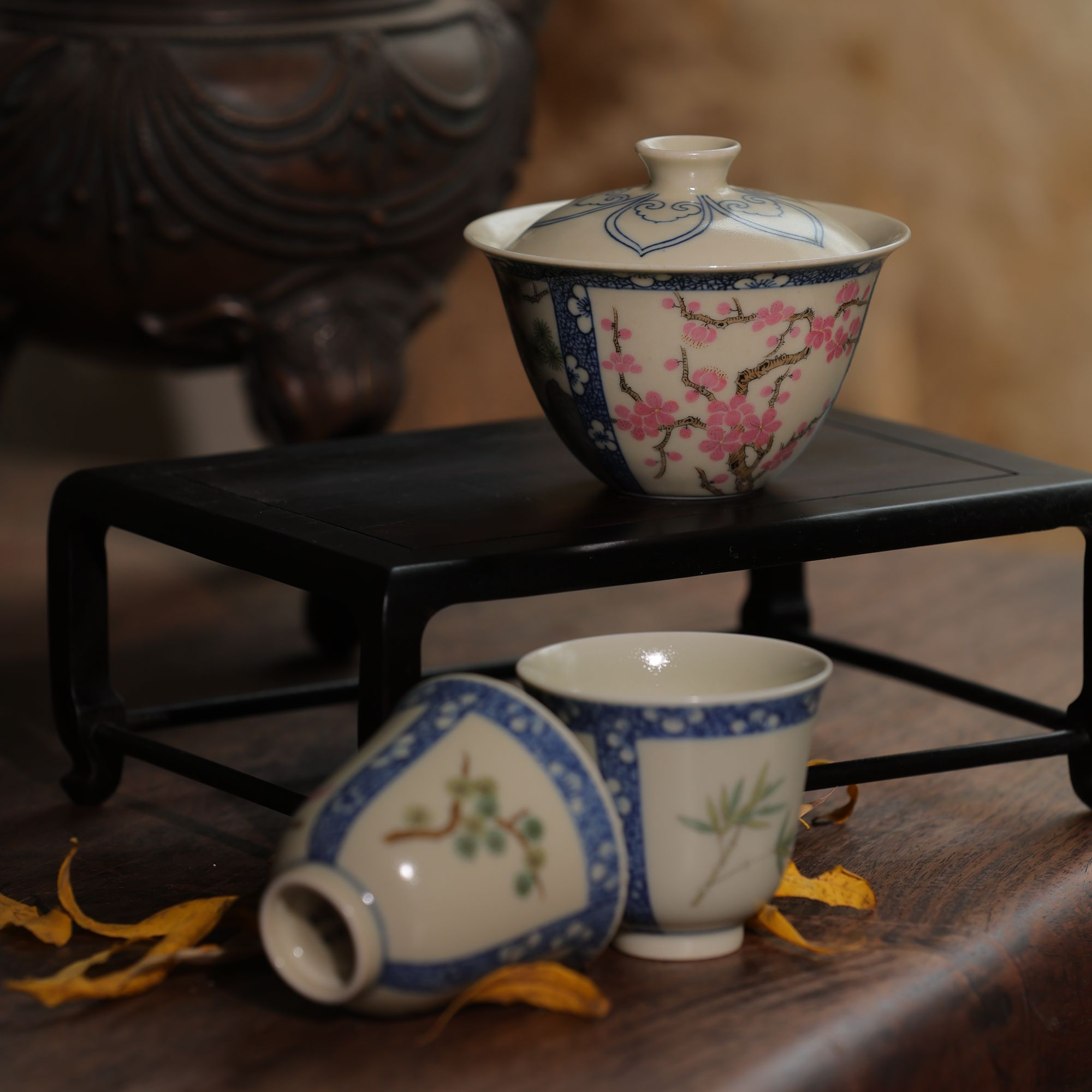 景德镇高温纯手工手绘青花岁寒三友茶具套组铃铛茶杯盖碗壶承