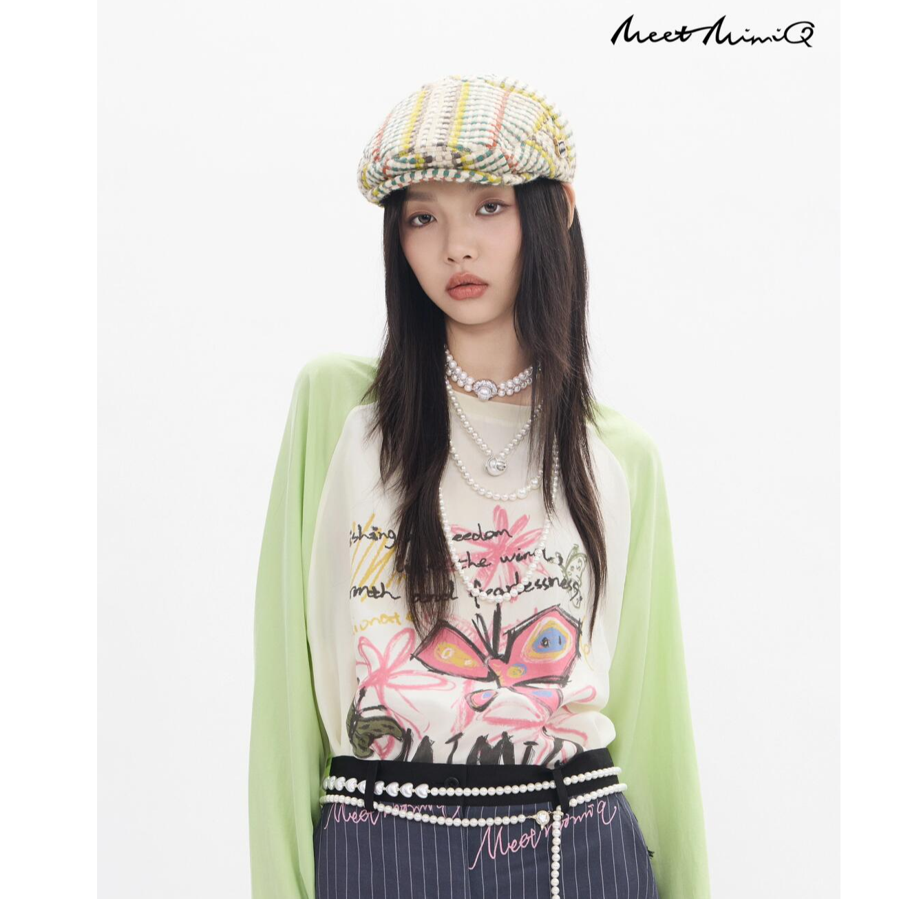 MQ 绿色插肩袖涂鸦长袖T恤  6252510219002