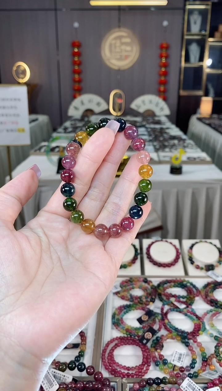 未镶嵌冰透体老矿碧玺彩虹单圈手串9mm+碧玺hon多样性发货一条