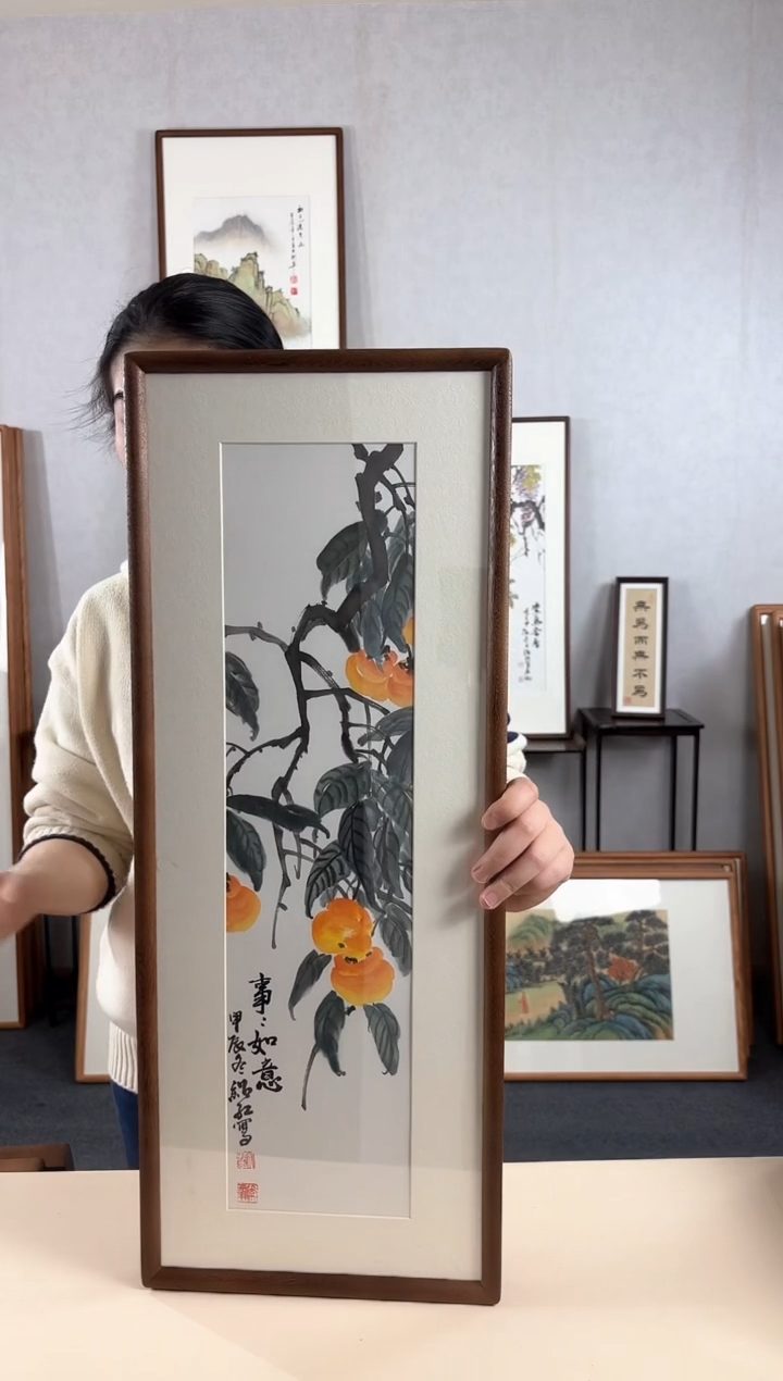【闪购商品】国画手绘*柿柿如意*28*72cm实木框