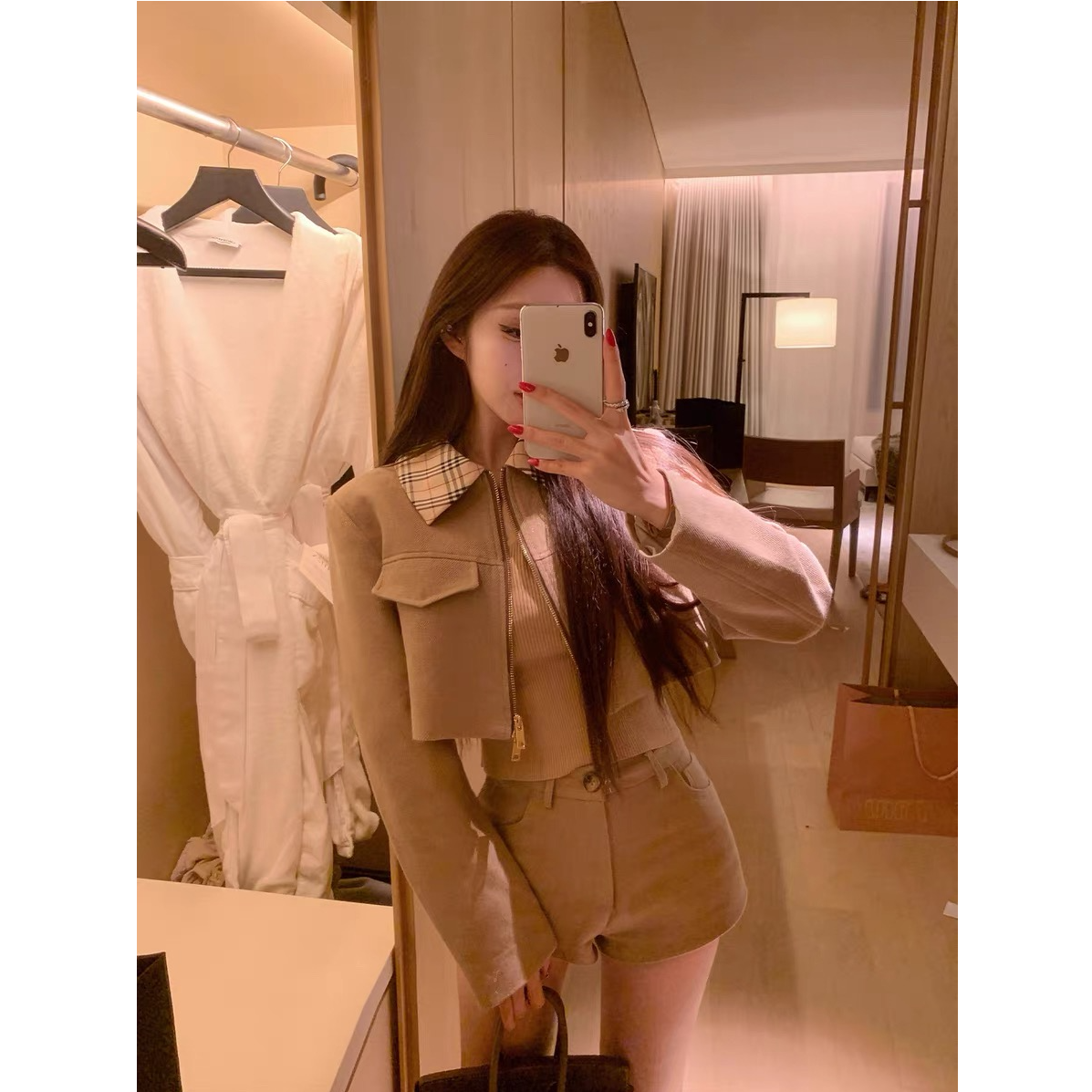 韩系财阀千金 格纹领短外套+短裤精致套装