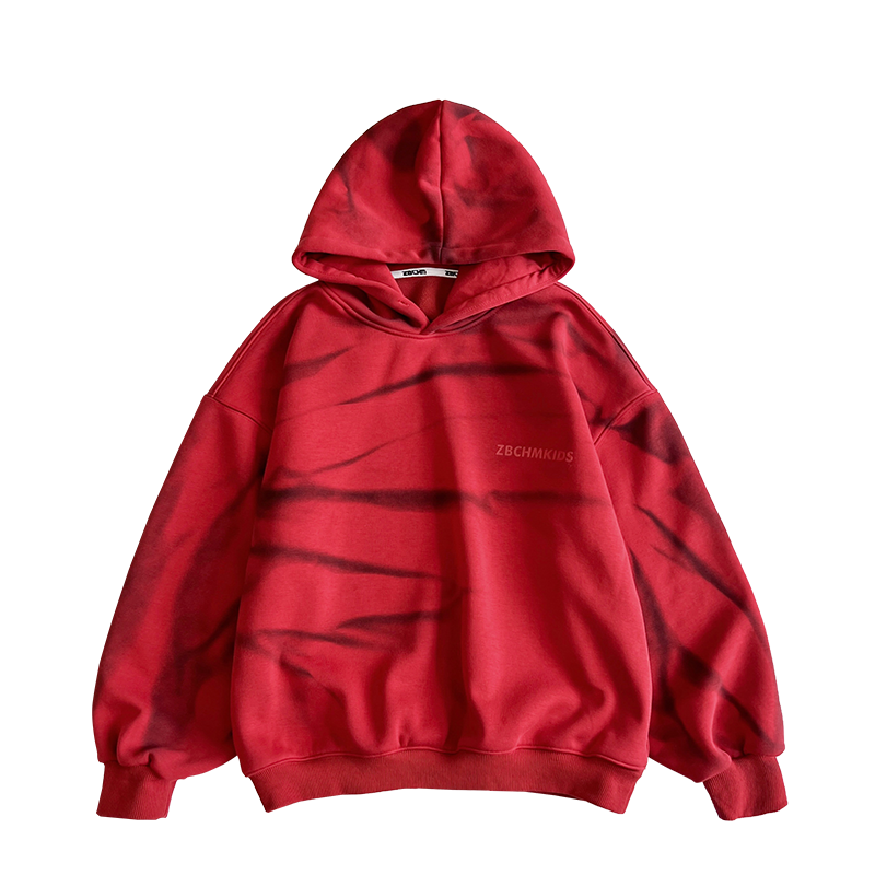 Y7165男童加绒卫衣冬装中大童扎染加厚儿童一体绒红色连帽卫衣