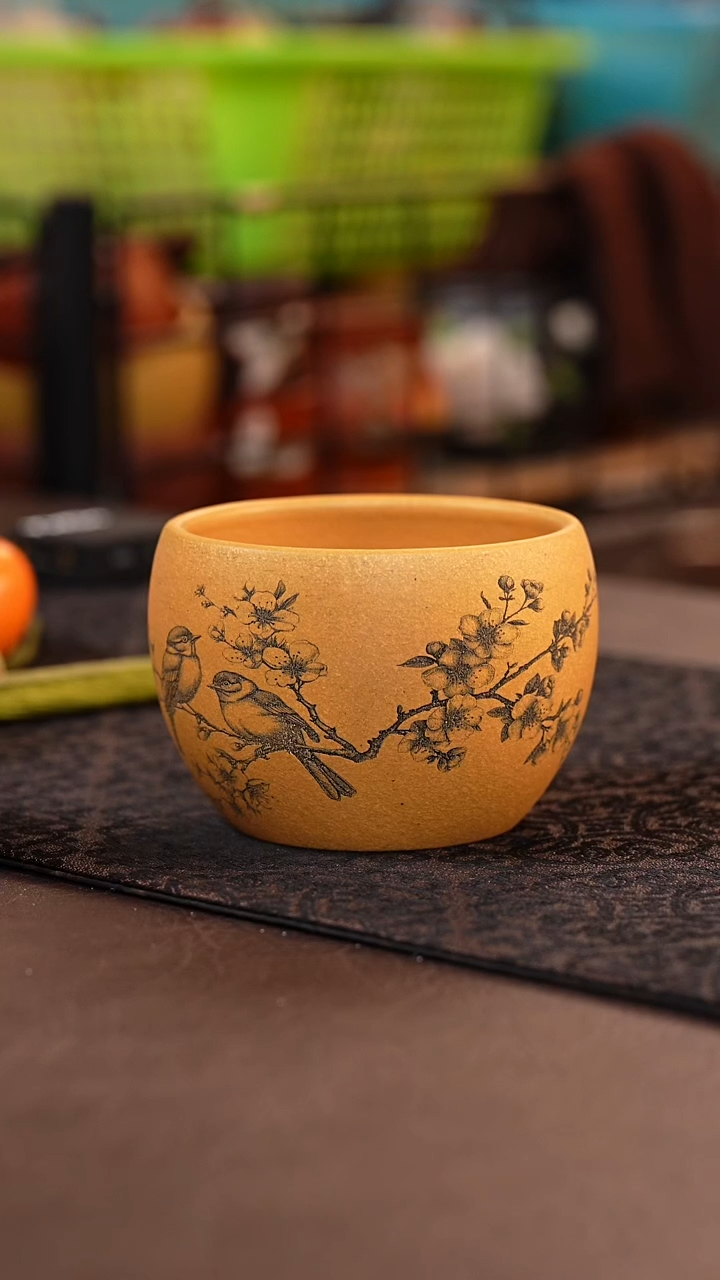 茶杯紫砂原矿黄金段刻绘小鸟杯