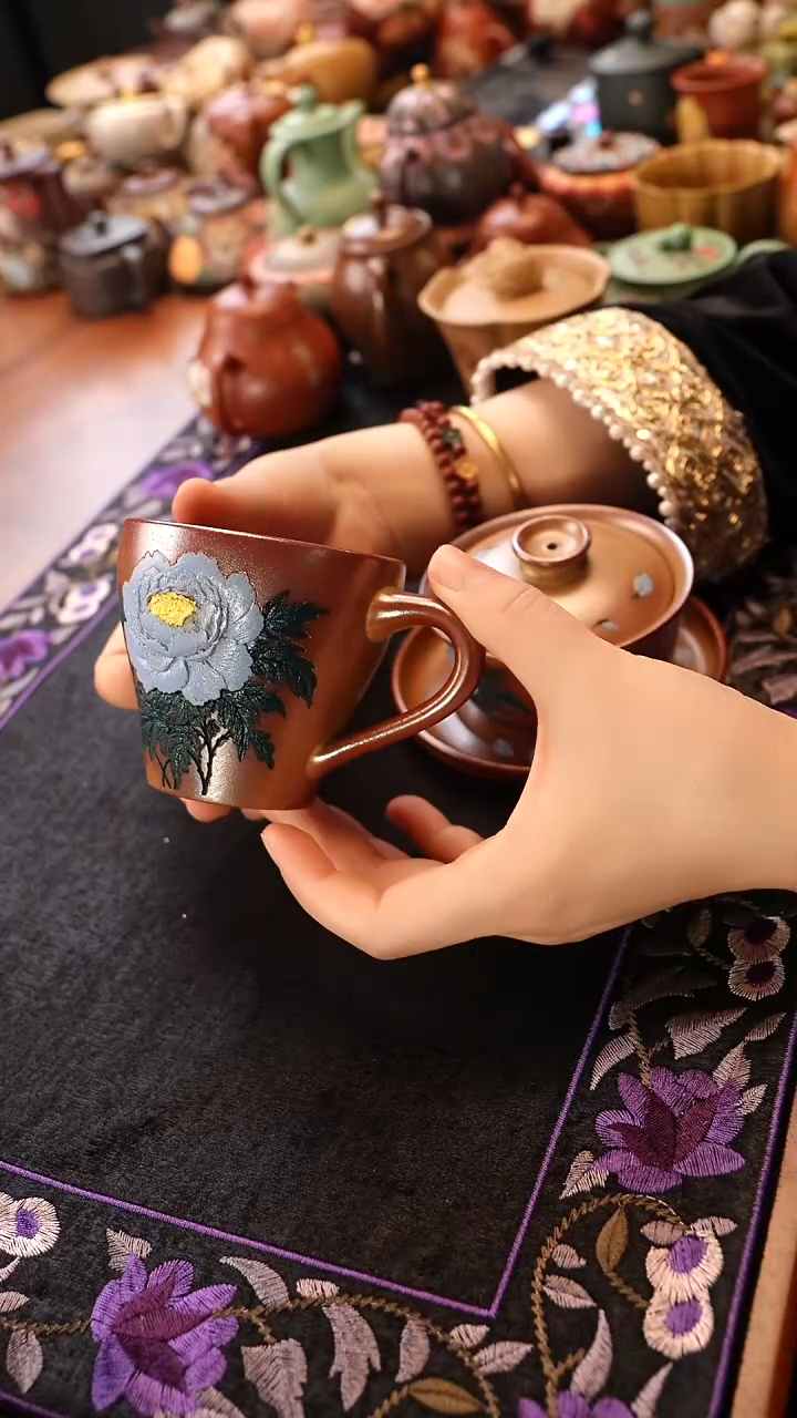 茶壶紫砂段泥柴烧蓝牡丹把手杯