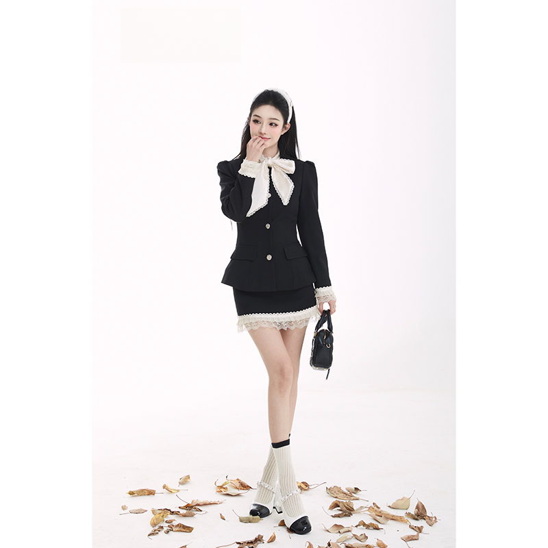 法式蕾丝拼接套装2025新款蝴蝶结外套+高腰半裙两件套
