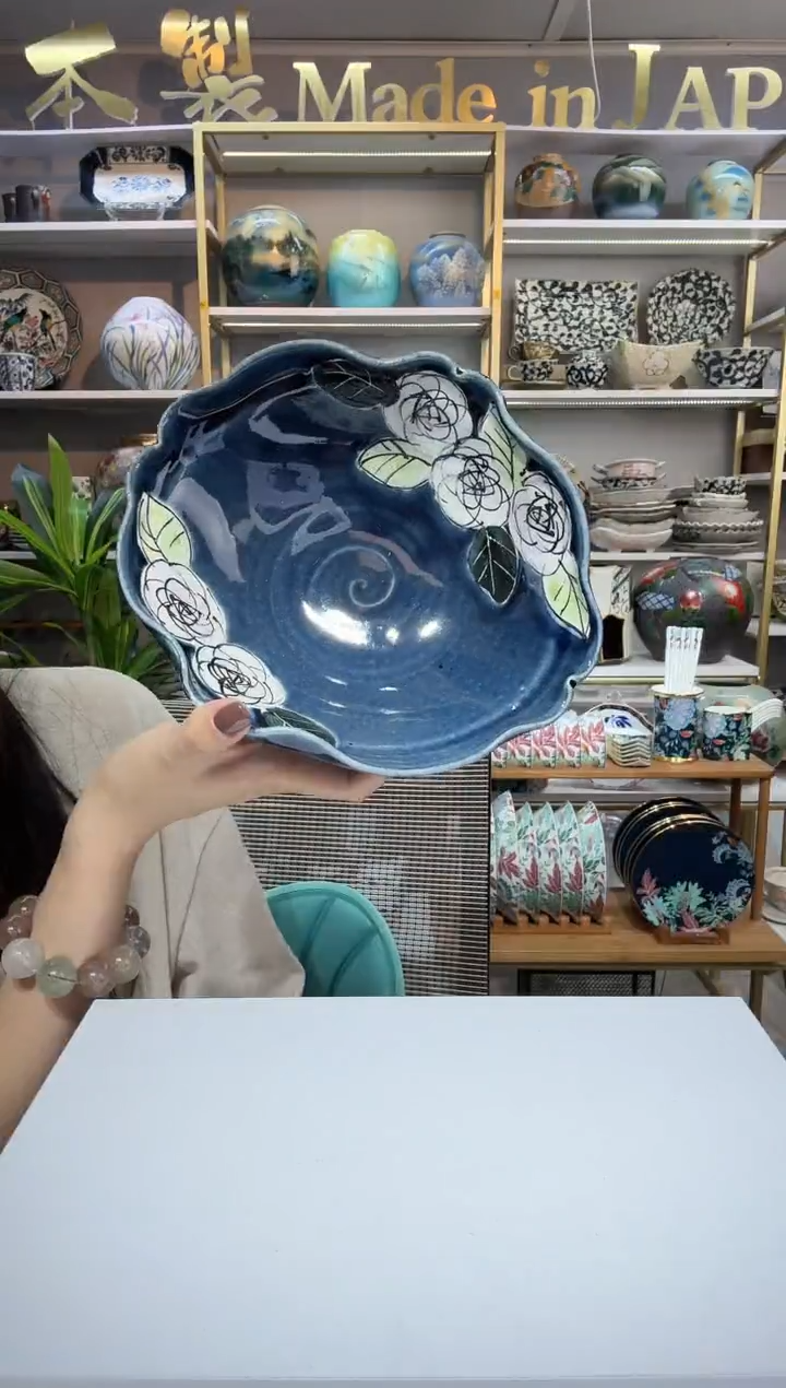 陶瓷濑户烧手作冰裂纹花边椭圆钵22.5cm*18cm蓝色