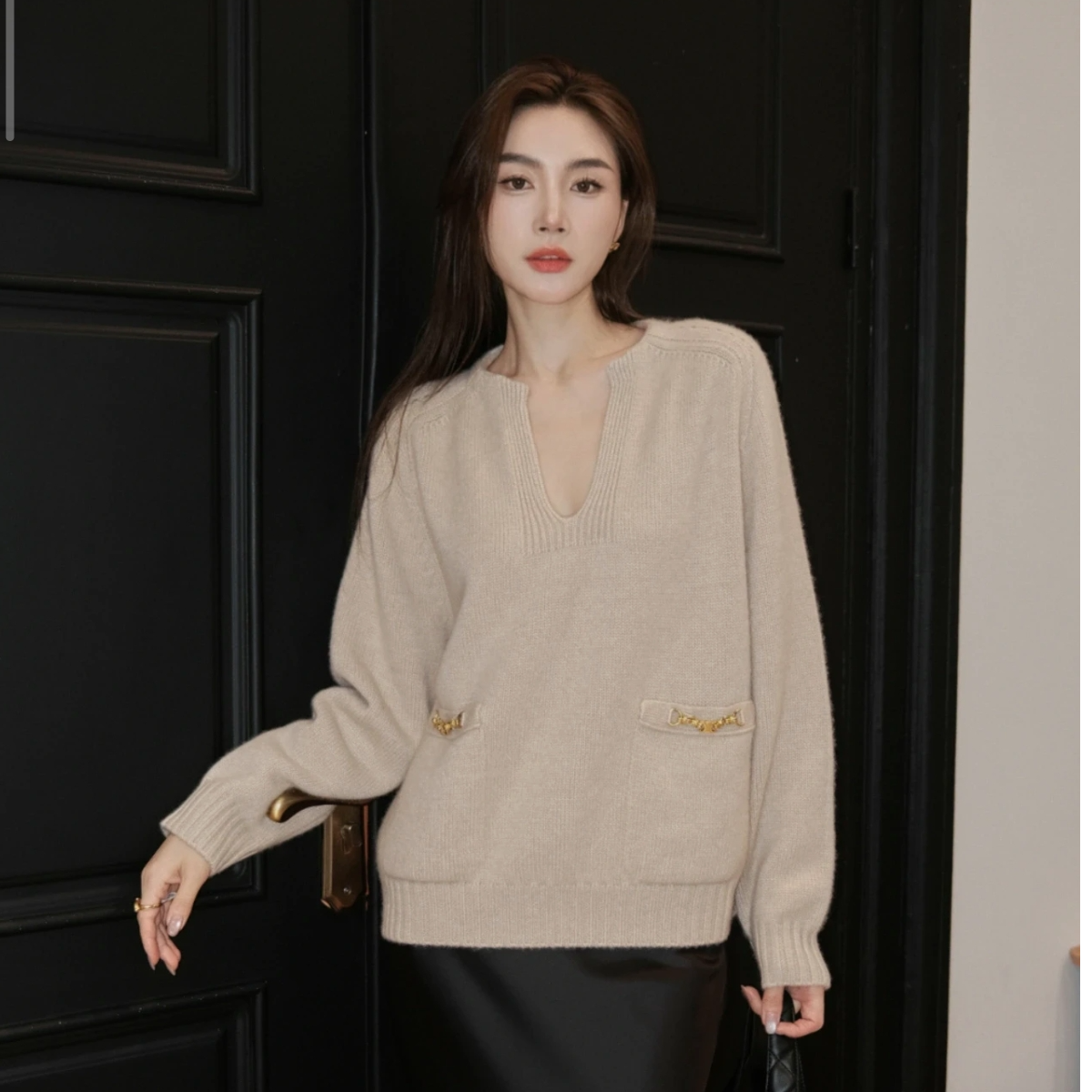 未使用 Celine/思琳 汤/P235704609/米色金属logo毛衣S