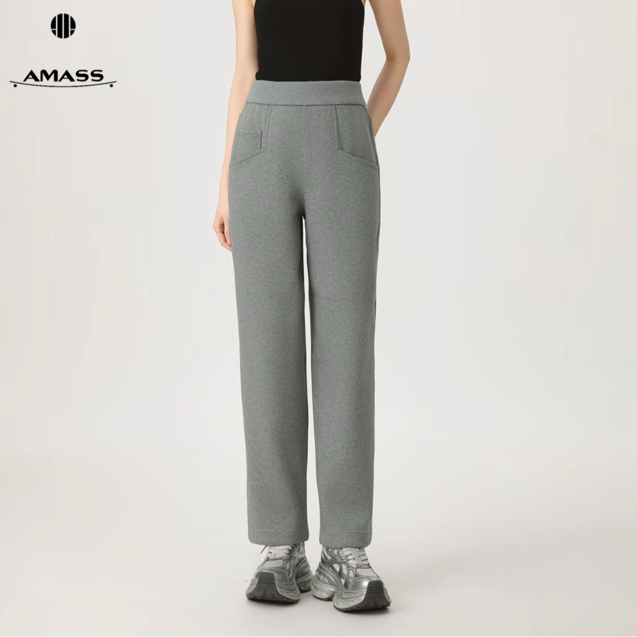 AMASS/阿玛施秋冬质感百搭设计感加绒厚款高腰直筒休闲长裤510026