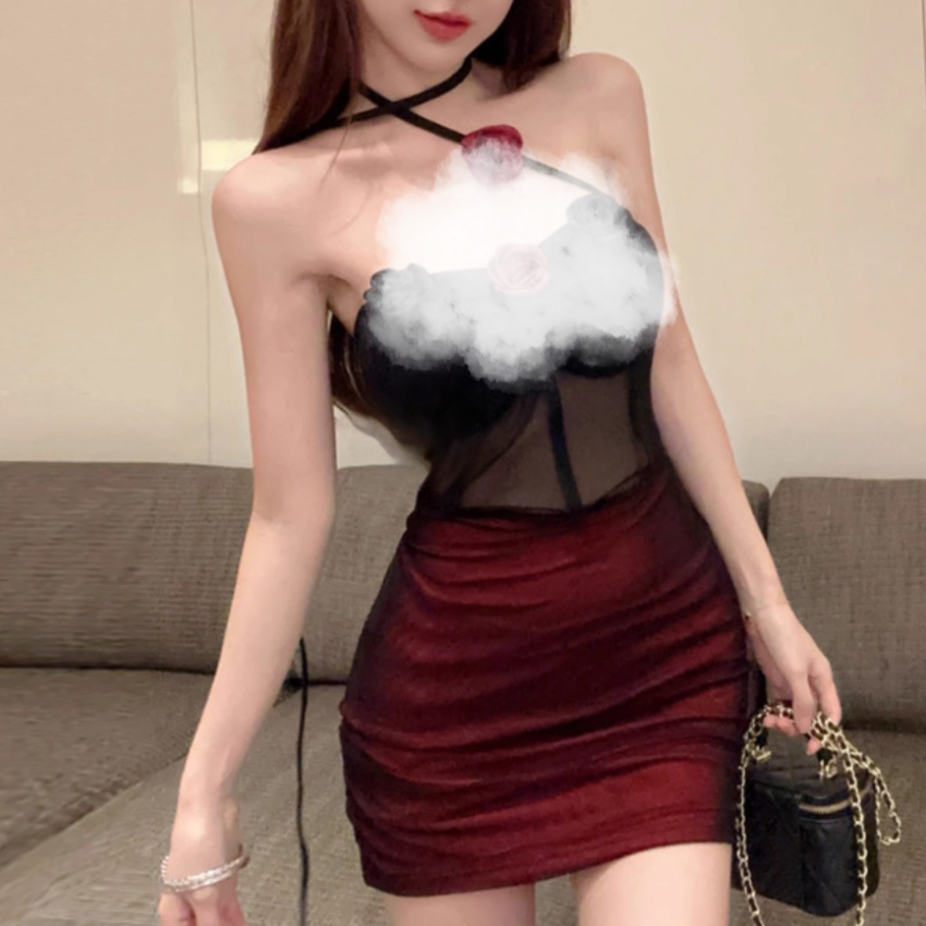 少萝不褪色挂脖性感风包臀裙气质连衣裙复古吊带裙黑色女装