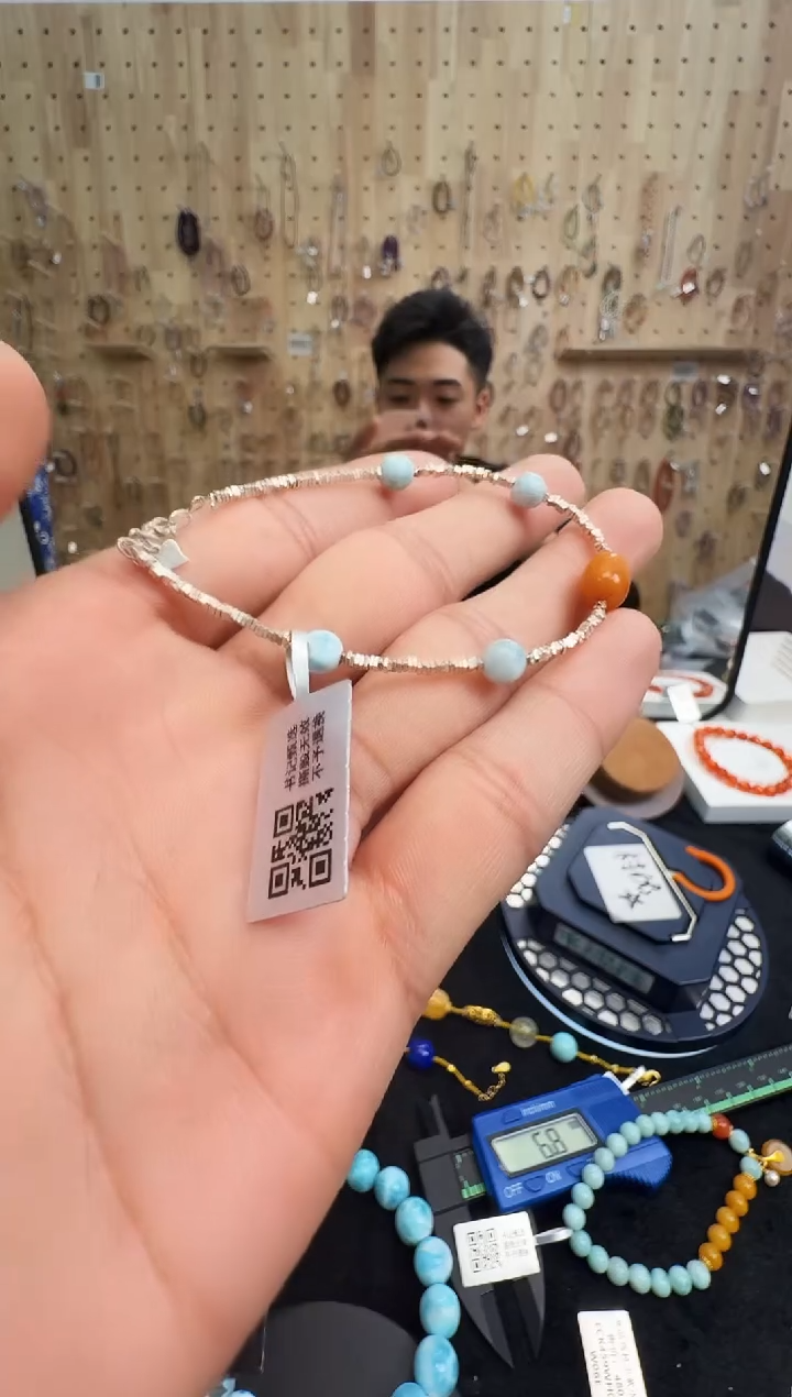 银S925镶嵌针钠钙石（海纹石）手链村0031 约6mm 多样性发一件