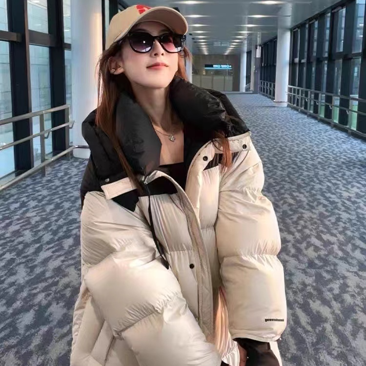 韩版长款连帽百搭中长款休闲拼色女运动时尚情侣宽松加厚过膝棉服