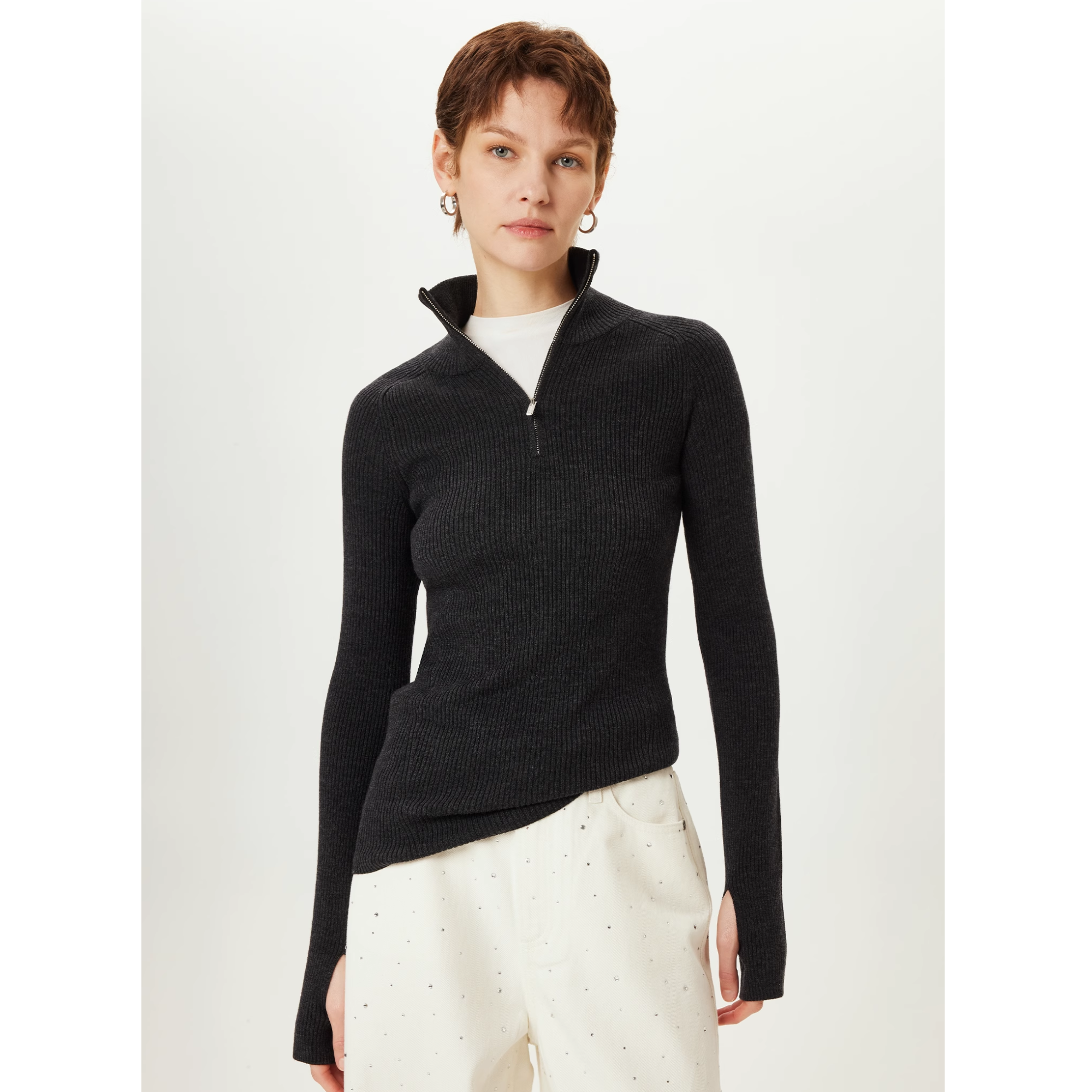 KEIGAN/开间德国可水洗羊毛拇指袖修身弹力显瘦拉链领针织打底衫