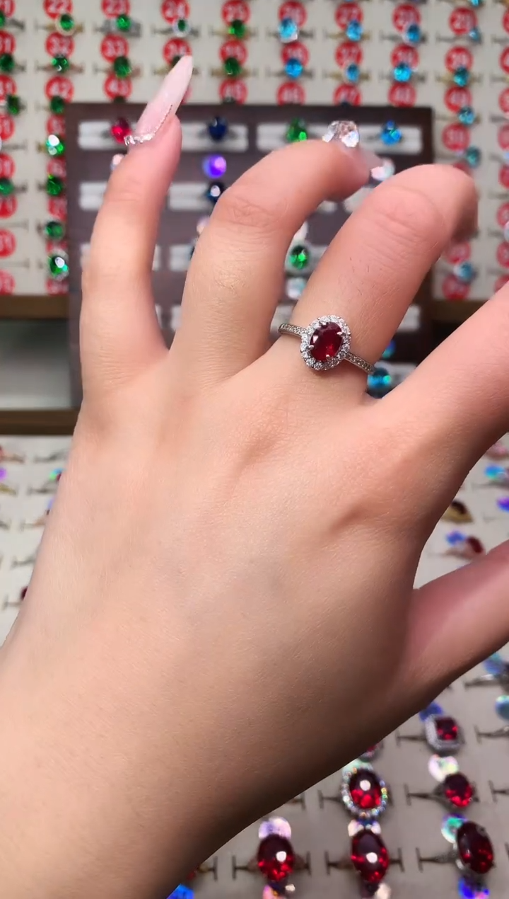 银S925镶嵌戒指红宝石5*7 酒红 银托