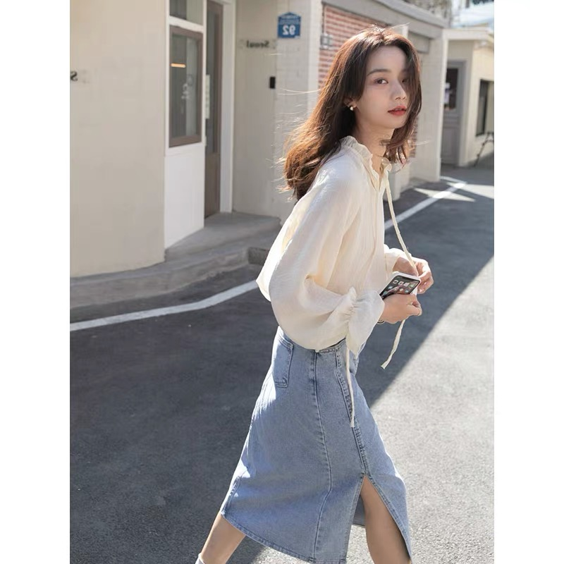 7047#流行休闲慵懒风圆领长袖衬衫搭配牛仔裤女夏款套装