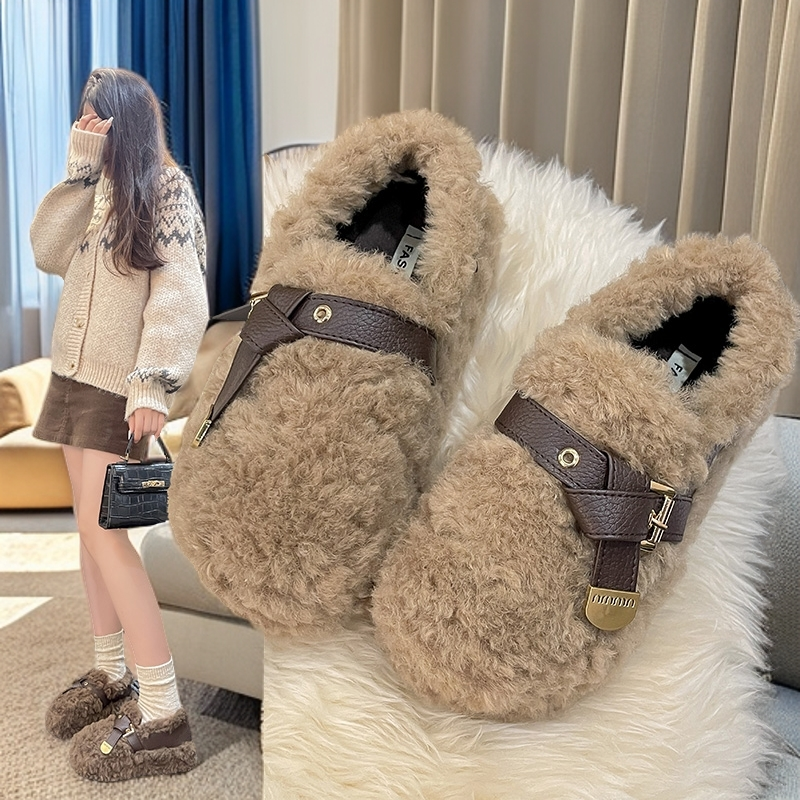 法式厚底加绒保暖毛毛鞋女外穿2025冬新款舒适美拉德棕色豆豆棉鞋