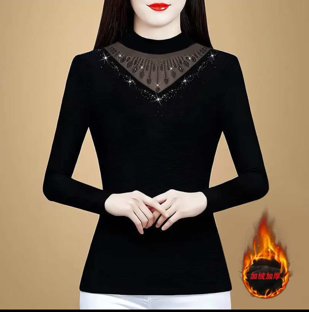 烫钻法式百搭长袖钉珠收腰女士T恤冬季半高领加绒蕾丝打底