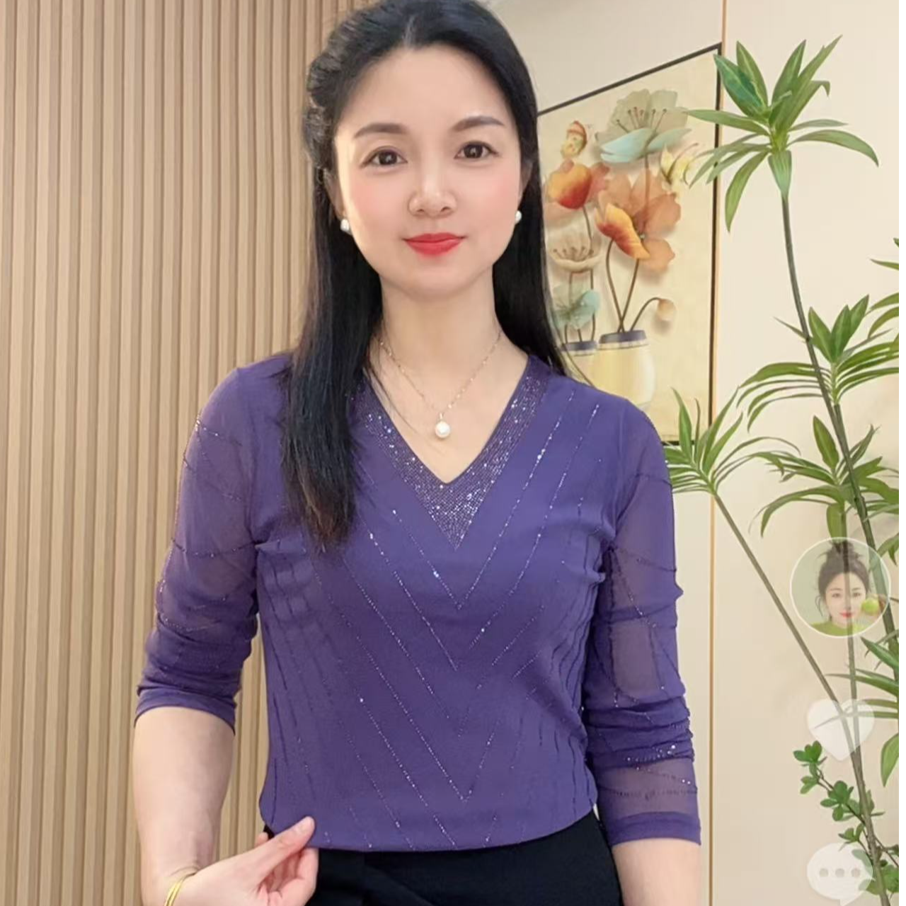 【海媚优选】秋季新款长袖V领烫钻时尚修身型上衣