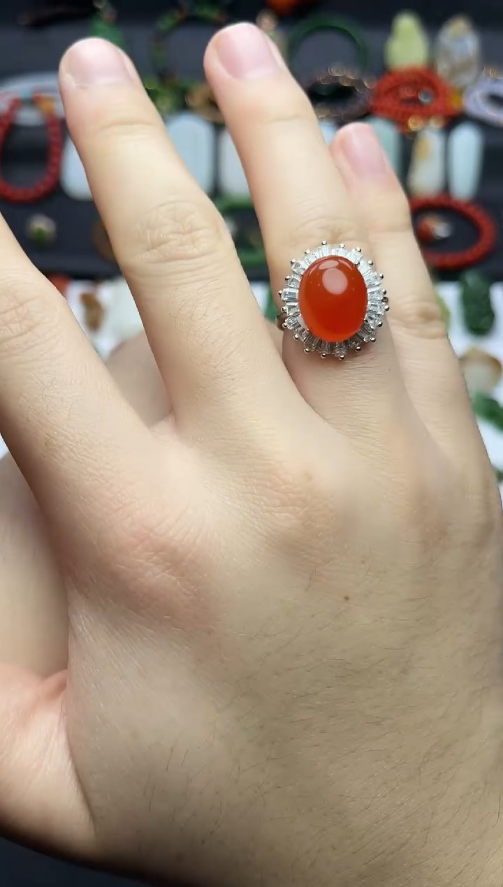 银S925镶嵌戒指南红玛瑙蛋面戒指06