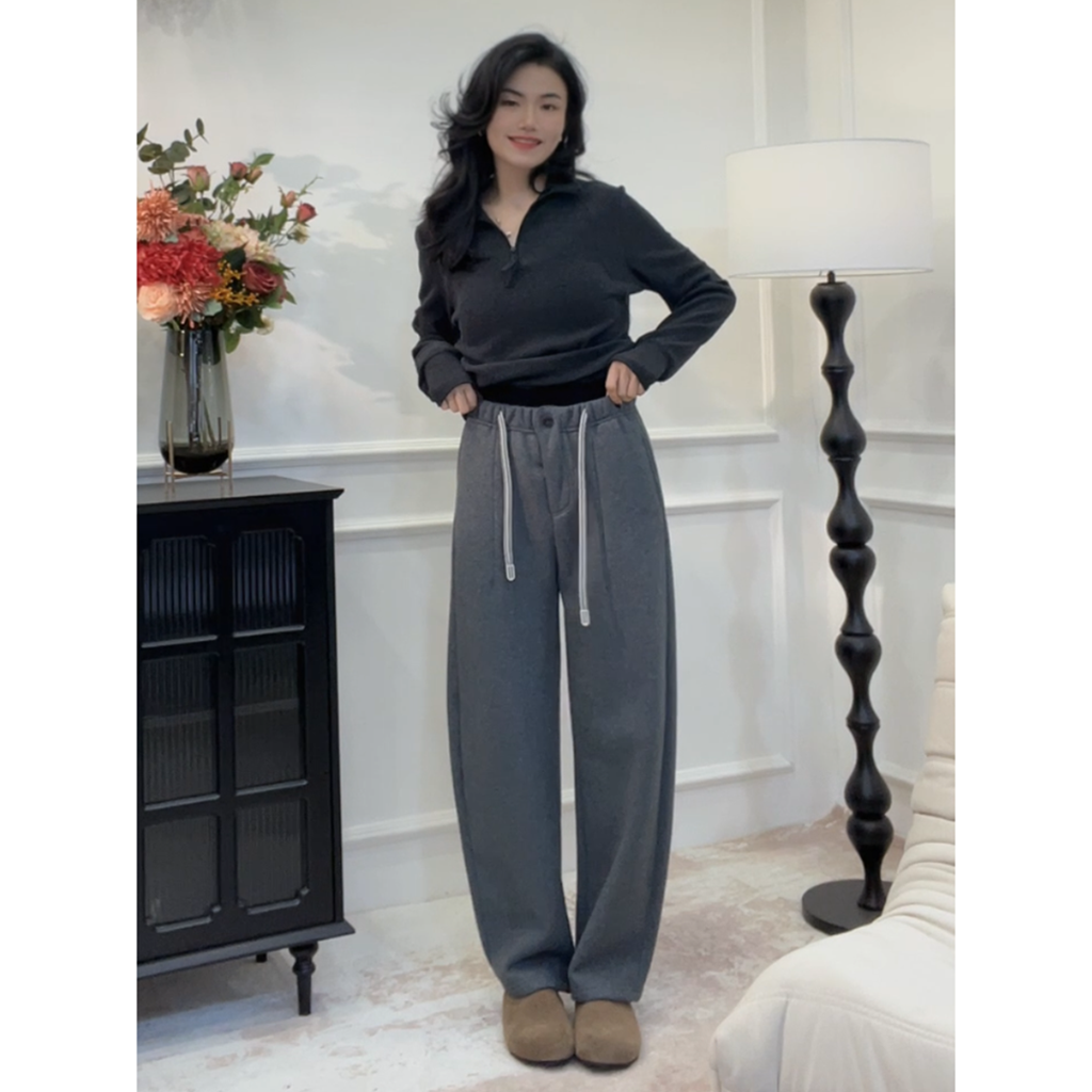 【韩系设计】秋冬加绒加厚裤腿卫裤长裤设计感保暖休闲高腰裤